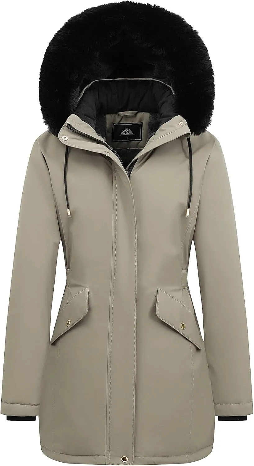 MOERDENG Women's Long Winter Down Coat Thicken Fleece Lined Parka Warm Puffer Jacket With Faux Fur Detachable Hood