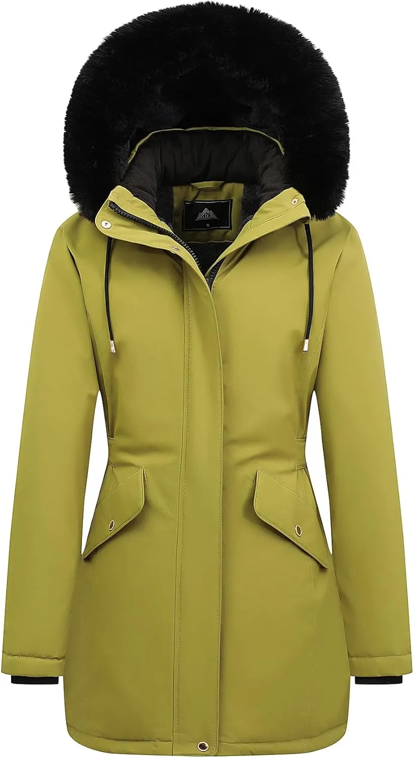 MOERDENG Women's Long Winter Down Coat Thicken Fleece Lined Parka Warm Puffer Jacket With Faux Fur Detachable Hood
