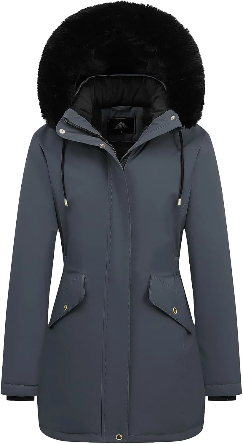 MOERDENG Women's Long Winter Down Coat Thicken Fleece Lined Parka Warm Puffer Jacket With Faux Fur Detachable Hood