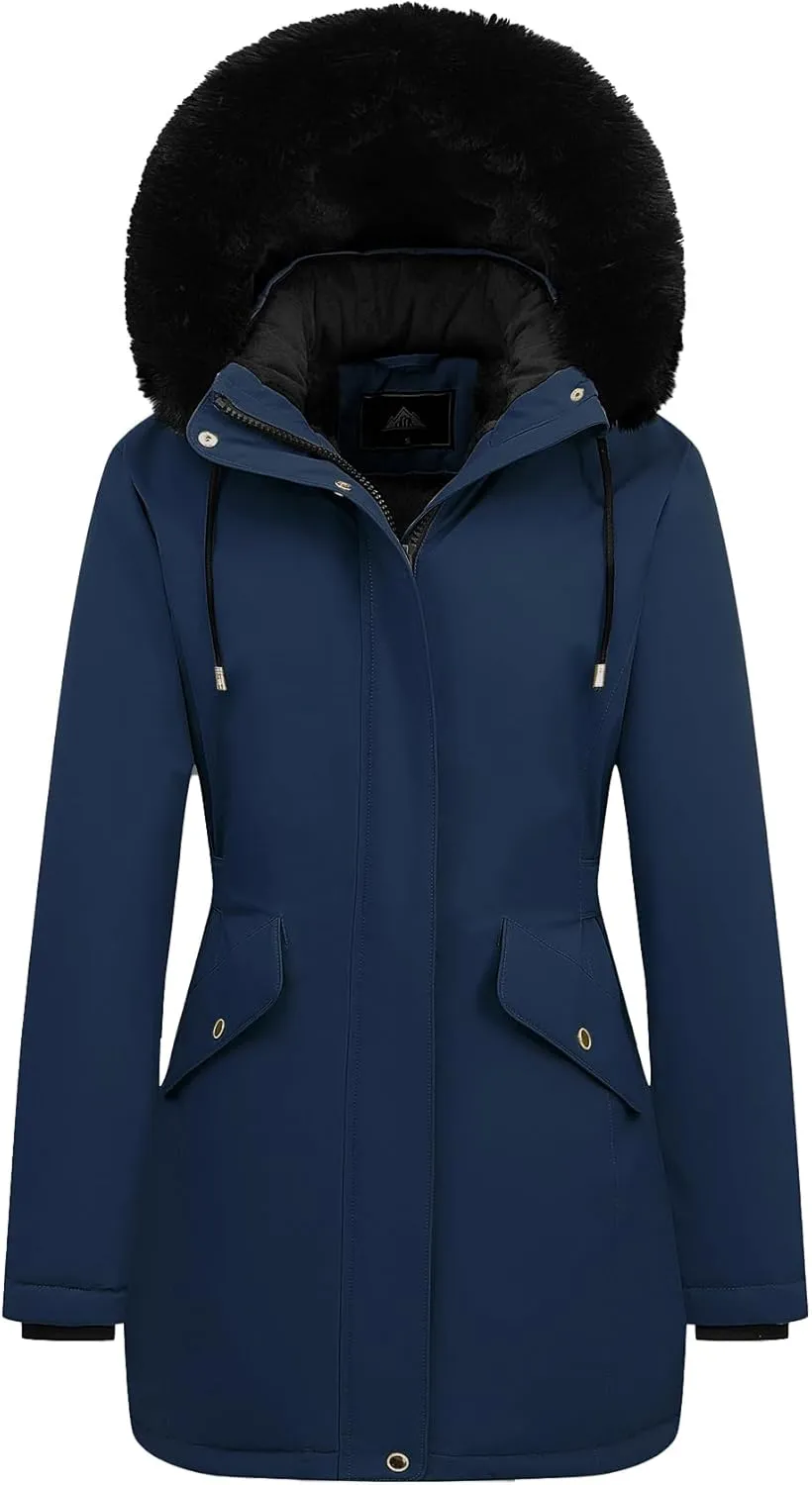 MOERDENG Women's Long Winter Down Coat Thicken Fleece Lined Parka Warm Puffer Jacket With Faux Fur Detachable Hood