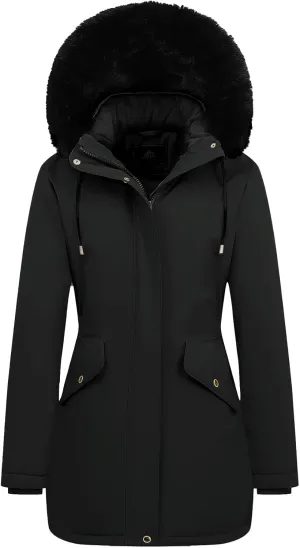 MOERDENG Women's Long Winter Down Coat Thicken Fleece Lined Parka Warm Puffer Jacket With Faux Fur Detachable Hood