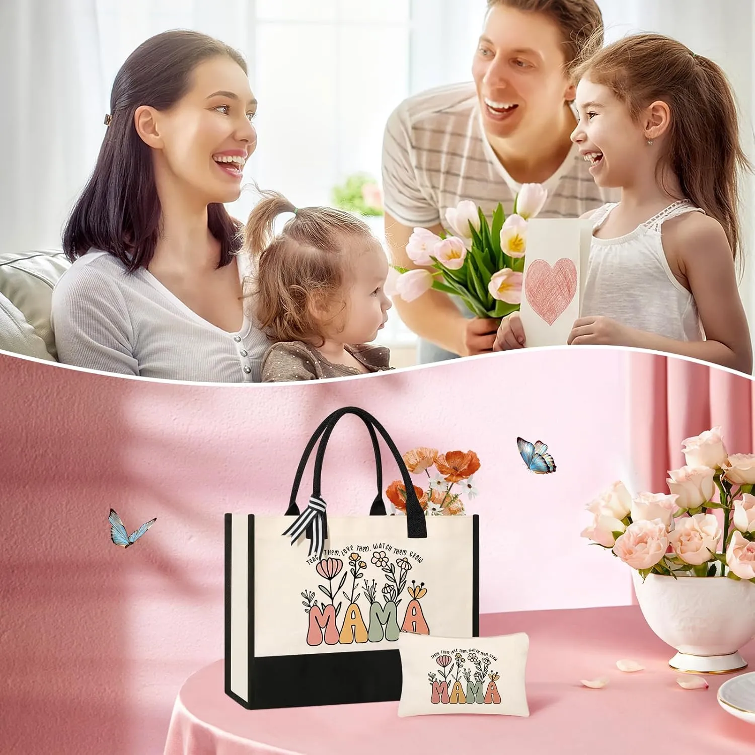 Mothers Day Gifts from Daughter Son, Mom Birthday Gifts, Christmas Gifts for Mom, Canvas Tote Bag Makeup Bag for Mother Personalized Gifts