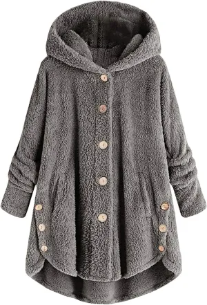 Muyise Oversized Warm Winter Coats for Women Sherpa Jacket Fuzzy Fleece Pullover Hoodie Button Down Outwear Coat with Pockets