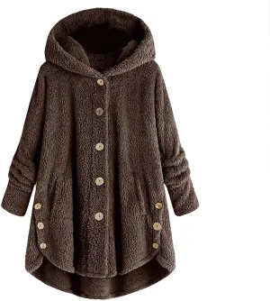 Muyise Oversized Warm Winter Coats for Women Sherpa Jacket Fuzzy Fleece Pullover Hoodie Button Down Outwear Coat with Pockets