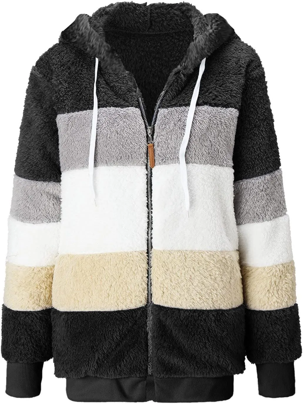 Muyise Womens Warm Fuzzy Zip Up Hoodie Oversized Sherpa Jacket Winter Fluffy Fleece Hooded Outerwear Coat with Pockets