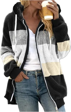 Muyise Womens Warm Fuzzy Zip Up Hoodie Oversized Sherpa Jacket Winter Fluffy Fleece Hooded Outerwear Coat with Pockets