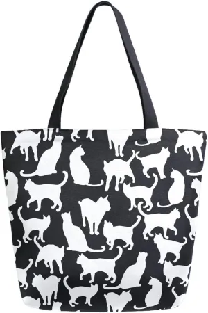 Naanle Extra Large Tote Handle Bags, Trendy Black White Cats Floral Canvas Reusable Market Beach Travel Gym Shopping Shoulder Bag for Women