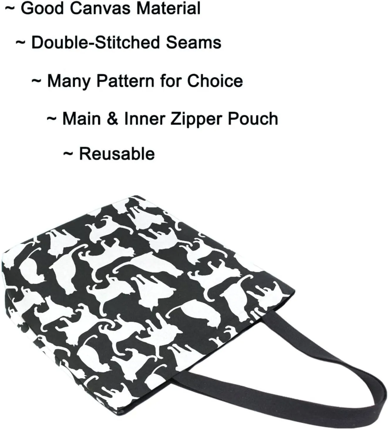Naanle Extra Large Tote Handle Bags, Trendy Black White Cats Floral Canvas Reusable Market Beach Travel Gym Shopping Shoulder Bag for Women