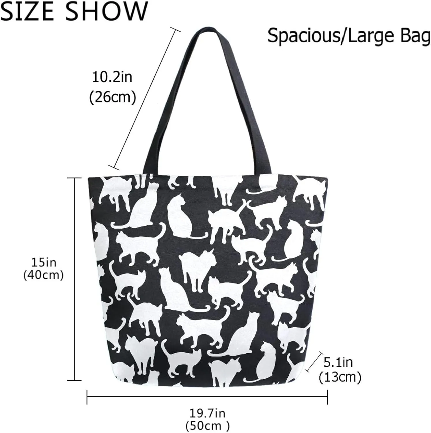 Naanle Extra Large Tote Handle Bags, Trendy Black White Cats Floral Canvas Reusable Market Beach Travel Gym Shopping Shoulder Bag for Women