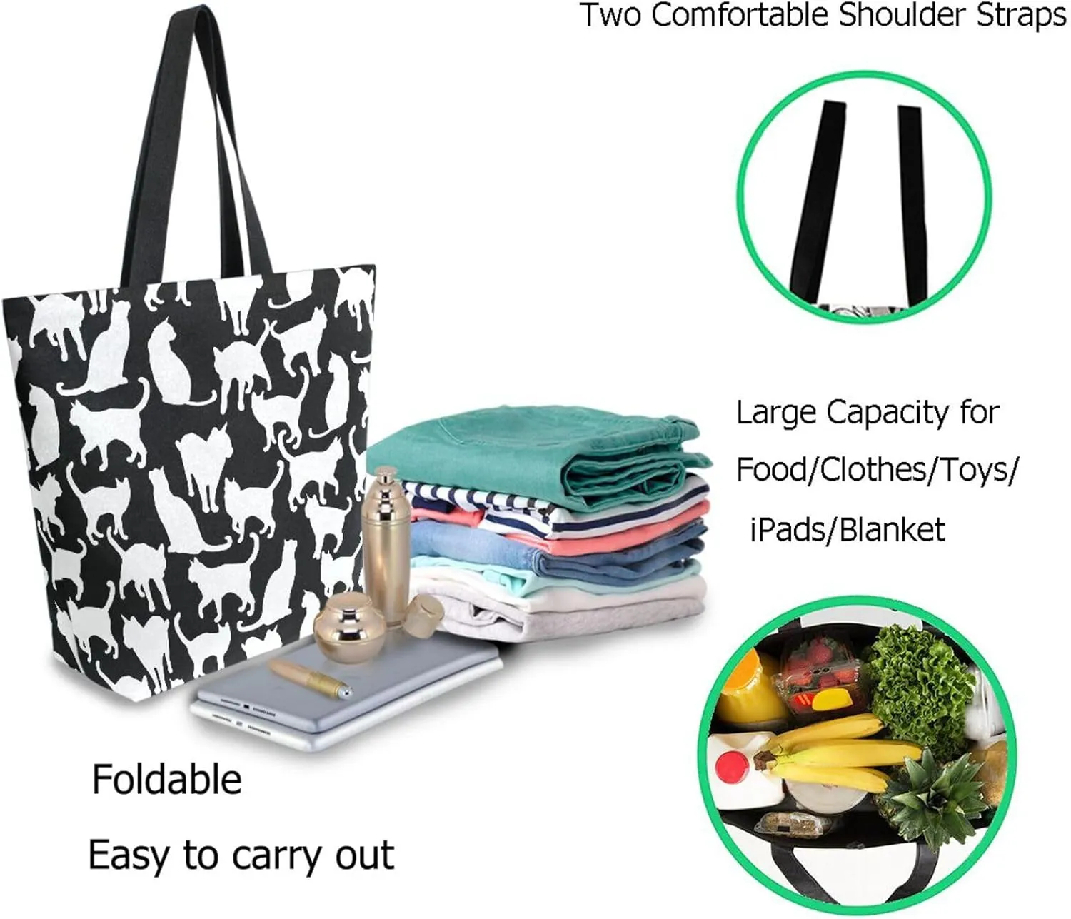 Naanle Extra Large Tote Handle Bags, Trendy Black White Cats Floral Canvas Reusable Market Beach Travel Gym Shopping Shoulder Bag for Women