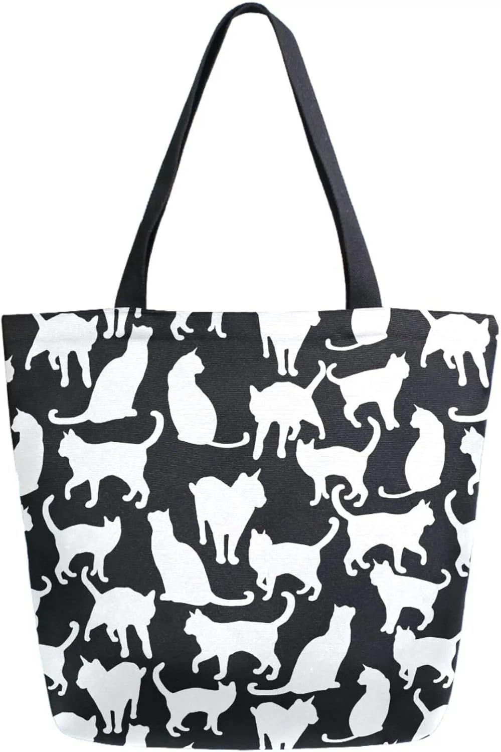 Naanle Extra Large Tote Handle Bags, Trendy Black White Cats Floral Canvas Reusable Market Beach Travel Gym Shopping Shoulder Bag for Women