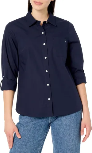 Nautica Women's Button Front Long Sleeve Roll Tab Shirt