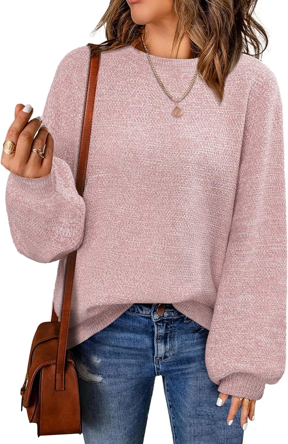NIeyook Women's Oversized Sweaters 2025 Spring Trendy Long Sleeve Crew Neck Pullover Sweater Loose Heathered Knit Tops