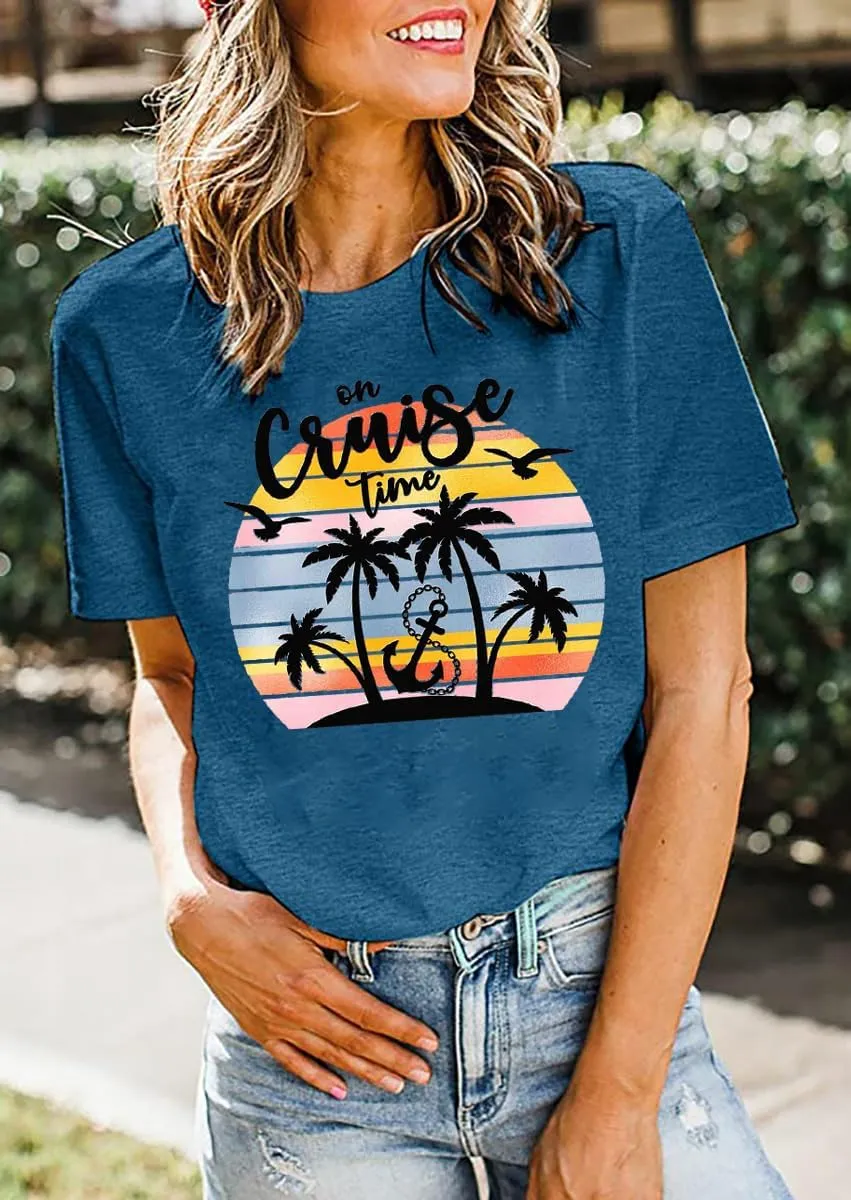 On Cruise Time T-Shirt Women Coconut Tree Graphic Tees Summer Vacation Shirt Beach Praty Tops Family Cruise Shirts
