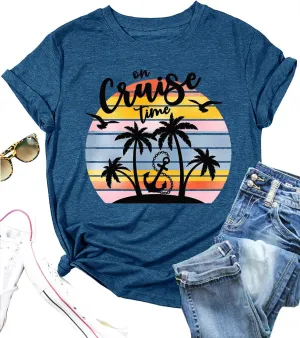On Cruise Time T-Shirt Women Coconut Tree Graphic Tees Summer Vacation Shirt Beach Praty Tops Family Cruise Shirts