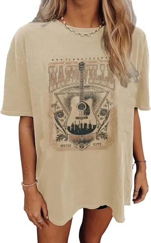 Oversized Rock Band T-Shirt Women Country Music Shirt Tops Nashville Music City Tshirt Vintage Guitar Wings Graphic Tees