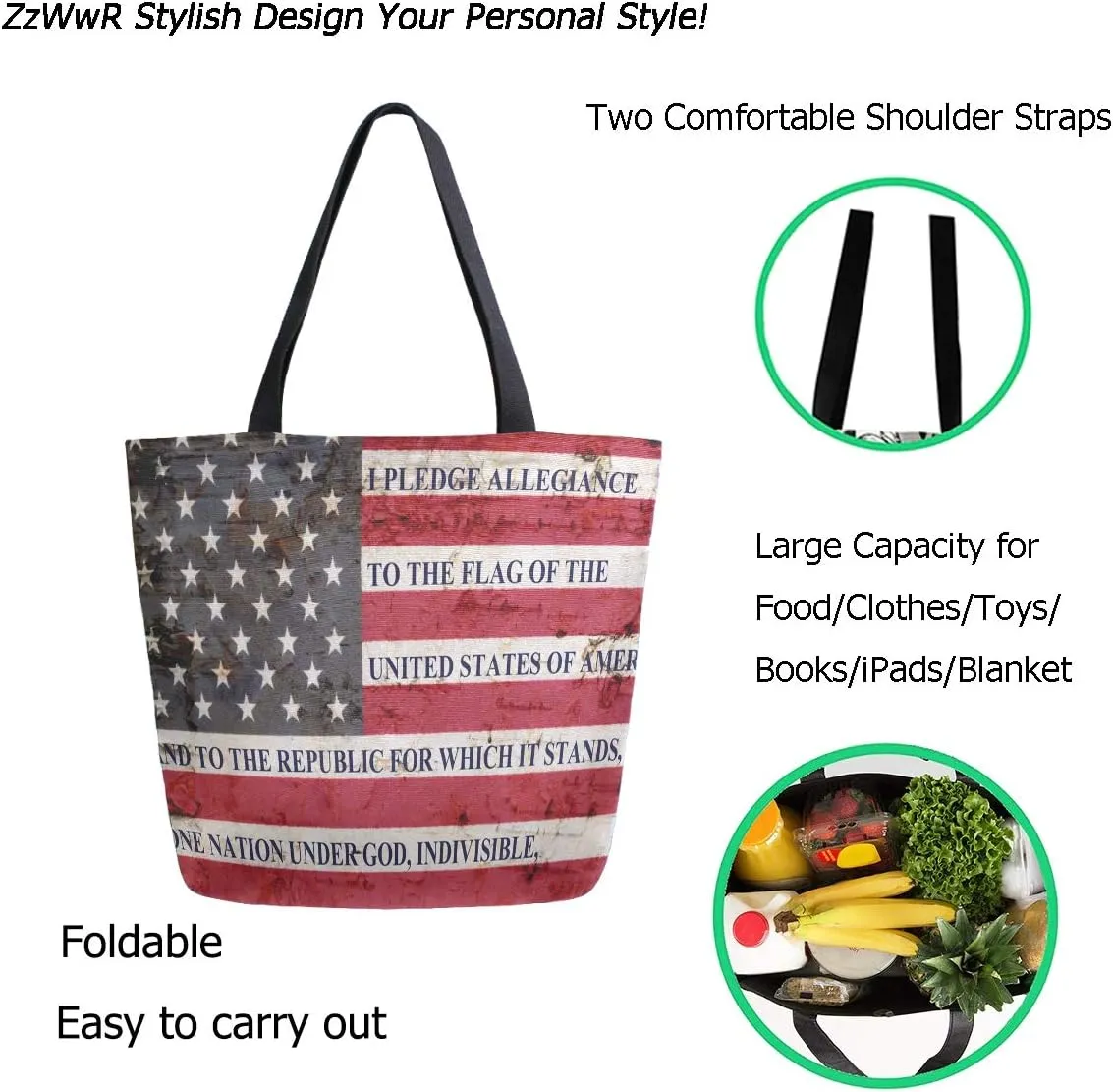Patriotic USA Flag with Pledge of Allegiance Extra Large Canvas Portable Tote Shoulder Bag for Gym Beach Weekender Travel Daily Reusable Grocery Shopping
