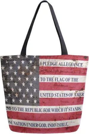 Patriotic USA Flag with Pledge of Allegiance Extra Large Canvas Portable Tote Shoulder Bag for Gym Beach Weekender Travel Daily Reusable Grocery Shopping