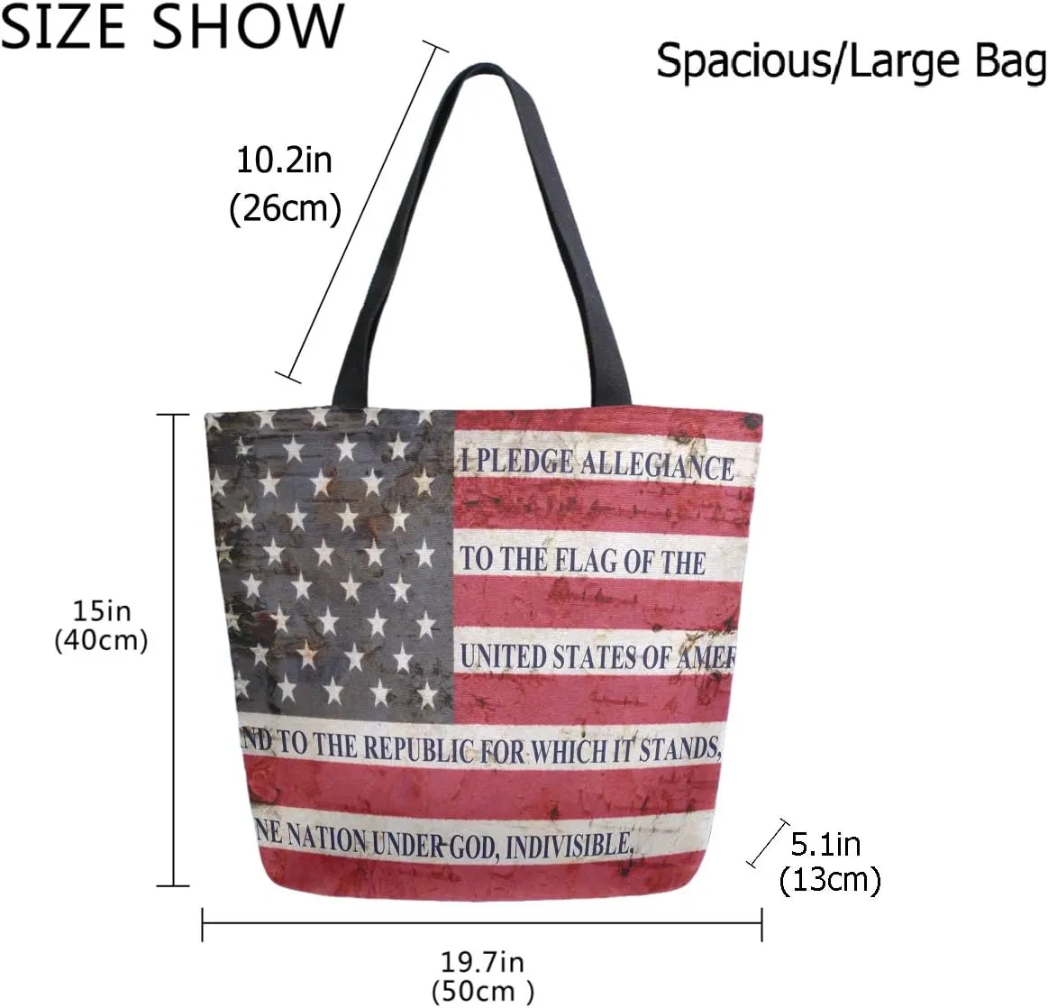 Patriotic USA Flag with Pledge of Allegiance Extra Large Canvas Portable Tote Shoulder Bag for Gym Beach Weekender Travel Daily Reusable Grocery Shopping