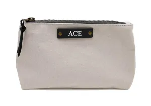 Personalized Canvas Cosmetics Pouch | Monogrammed Canvas Toiletry Bag | Cotton Canvas & Full Grain Leather | Reusable Canvas Storage Pouch | Dimensions: 8.5" x 2.75" x 5" | Made in USA (Birch)