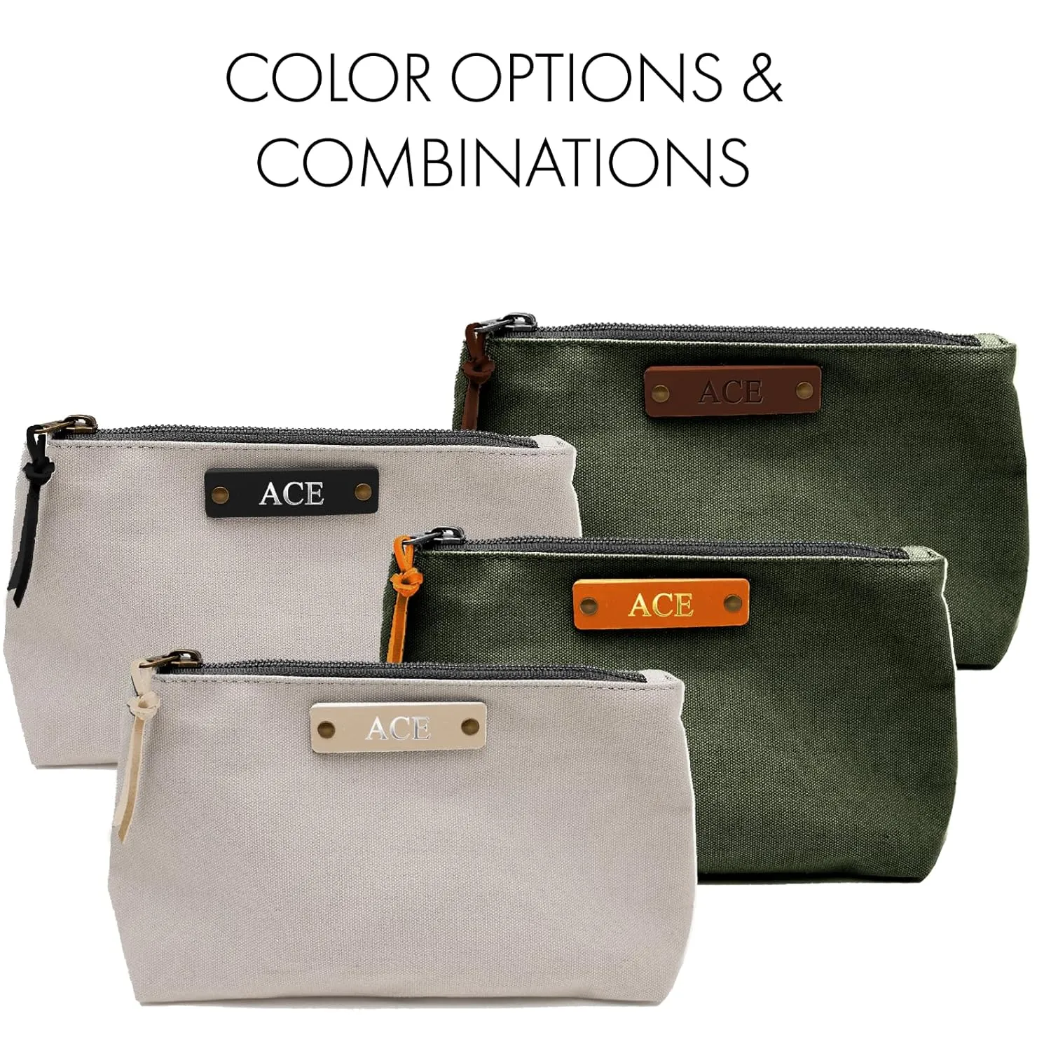 Personalized Canvas Cosmetics Pouch | Monogrammed Canvas Toiletry Bag | Cotton Canvas & Full Grain Leather | Reusable Canvas Storage Pouch | Dimensions: 8.5" x 2.75" x 5" | Made in USA (Birch)