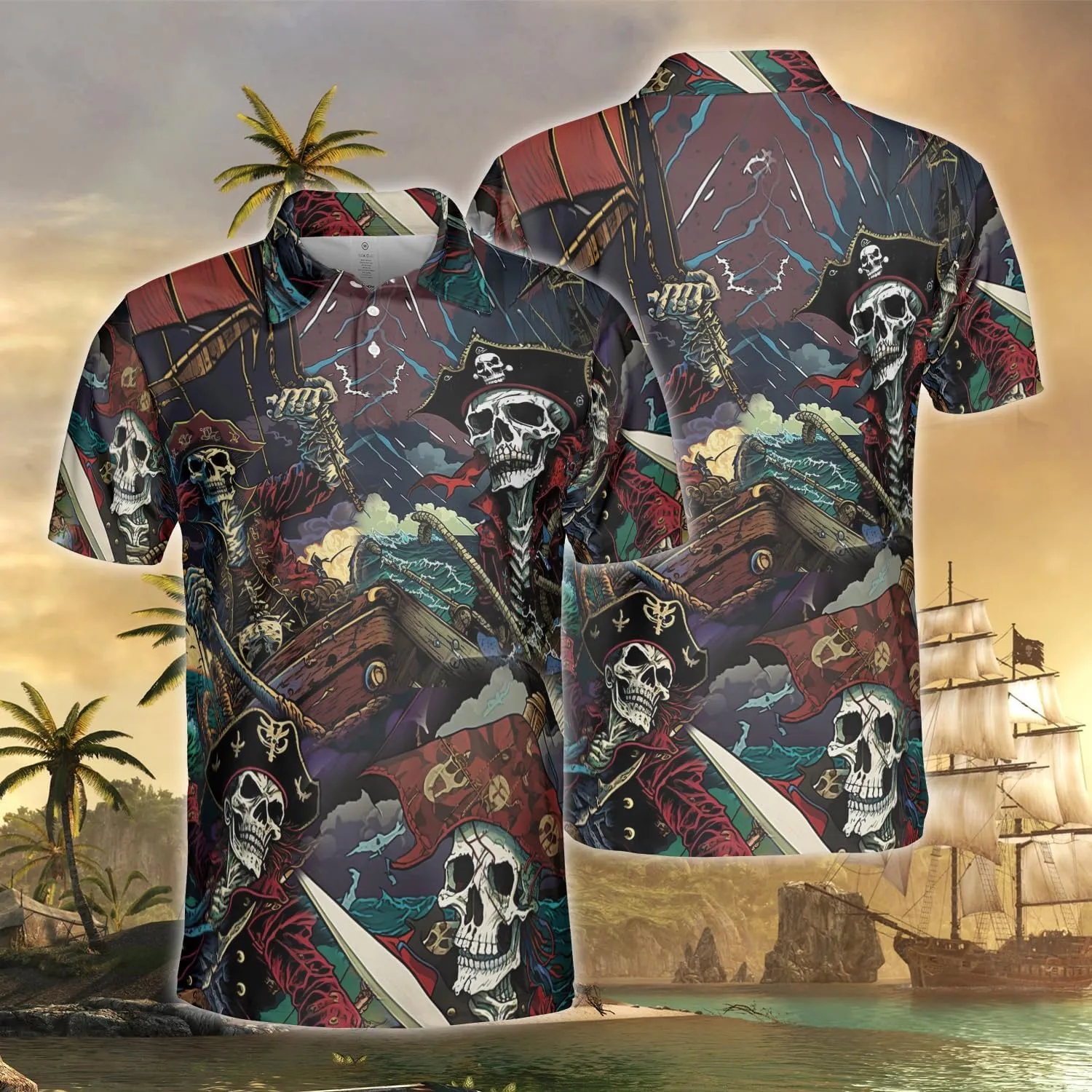 Pirate Polo Shirts for Men - Pirate Lover Stylish Mens Goft Shirt Casual Short Sleeve Button Down Outfit Set 67