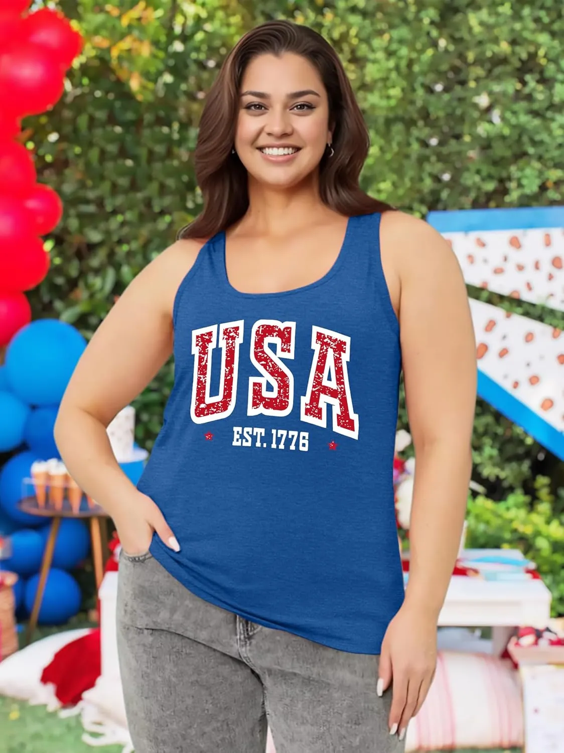 Plus Size American Flag Shirt for Women 4th of July Tank Top Patriotic Sleeveless Shirt USA Print Racerback Vest