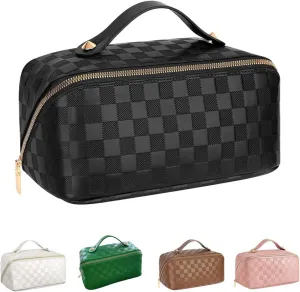 Portable Grid Travel Cosmetic Bag Makeup Bag with Handle PU Leather Makeup Pouch Large Capacity Toiletry Bag (Black)
