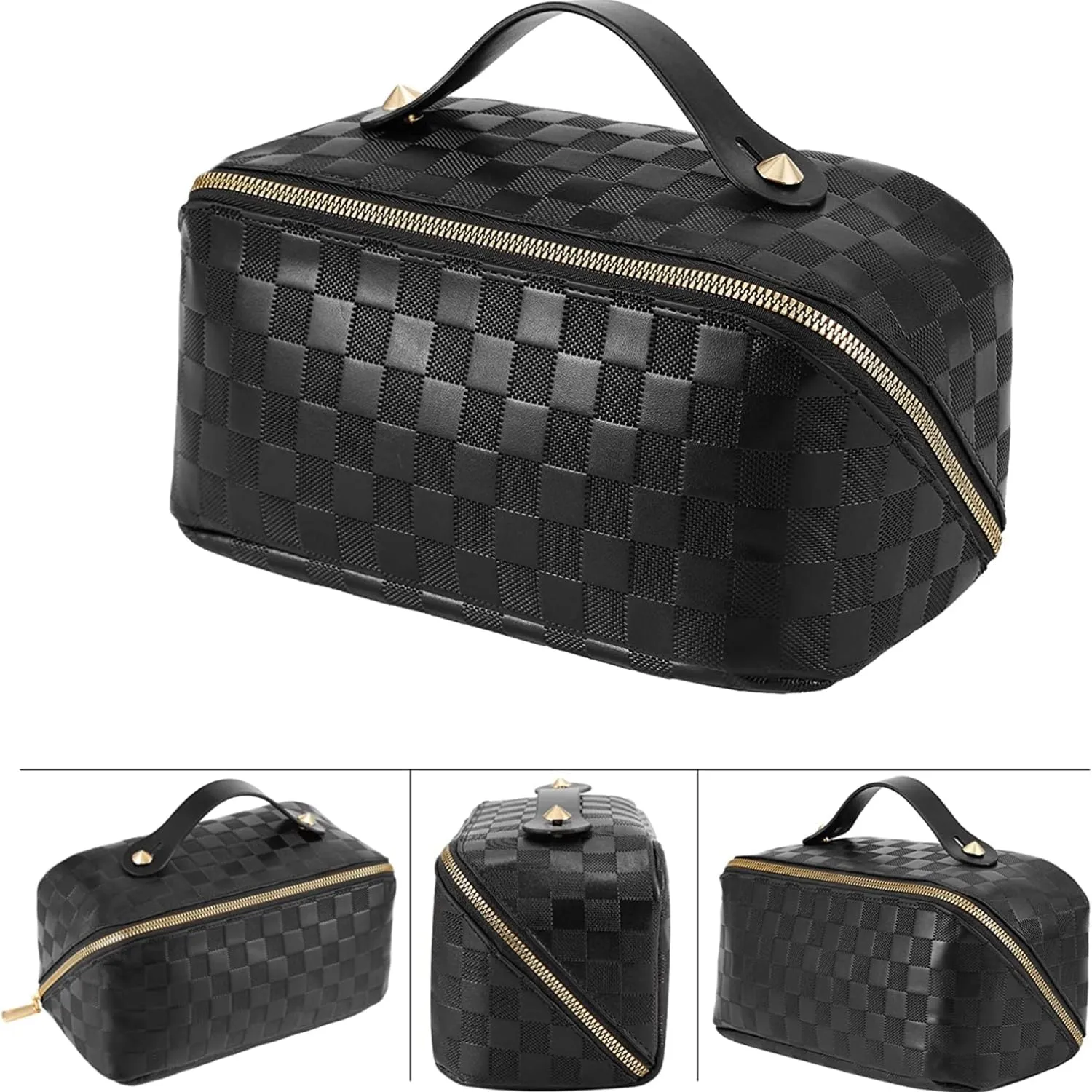 Portable Grid Travel Cosmetic Bag Makeup Bag with Handle PU Leather Makeup Pouch Large Capacity Toiletry Bag (Black)
