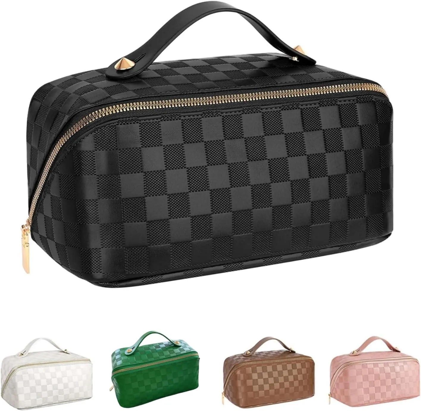 Portable Grid Travel Cosmetic Bag Makeup Bag with Handle PU Leather Makeup Pouch Large Capacity Toiletry Bag (Black)