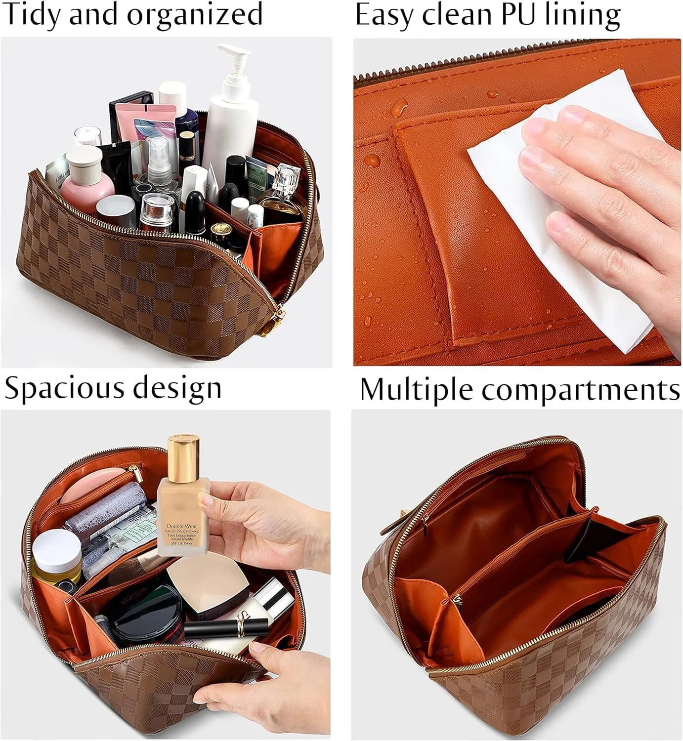 Portable Grid Travel Cosmetic Bag Makeup Bag with Handle PU Leather Makeup Pouch Large Capacity Toiletry Bag (Brown)