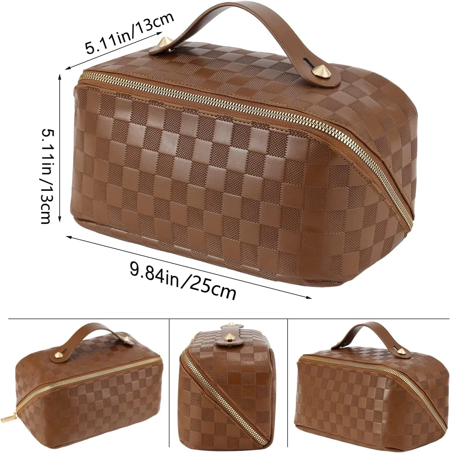 Portable Grid Travel Cosmetic Bag Makeup Bag with Handle PU Leather Makeup Pouch Large Capacity Toiletry Bag (Brown)