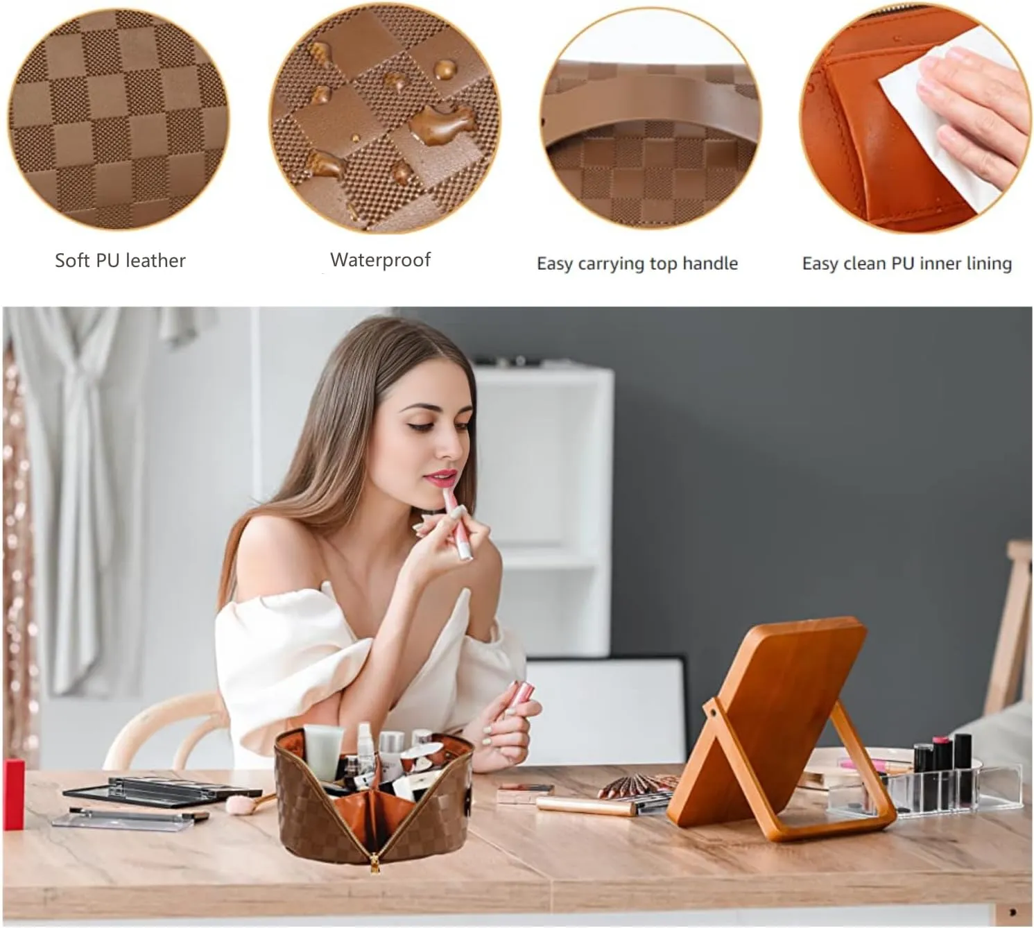 Portable Grid Travel Cosmetic Bag Makeup Bag with Handle PU Leather Makeup Pouch Large Capacity Toiletry Bag (Brown)