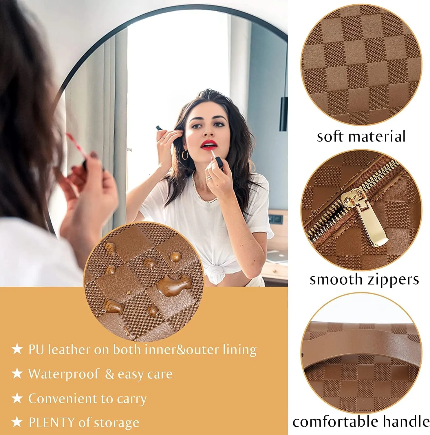 Portable Grid Travel Cosmetic Bag Makeup Bag with Handle PU Leather Makeup Pouch Large Capacity Toiletry Bag (Brown)