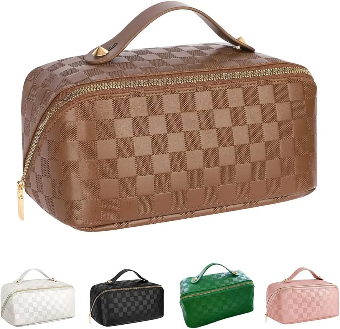 Portable Grid Travel Cosmetic Bag Makeup Bag with Handle PU Leather Makeup Pouch Large Capacity Toiletry Bag (Brown)