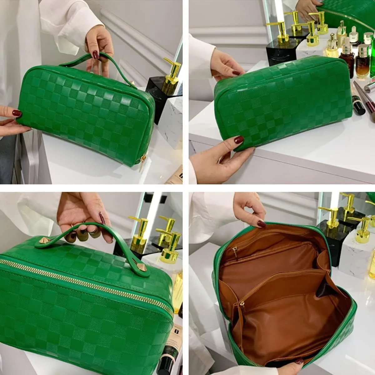 Portable Grid Travel Cosmetic Bag Makeup Bag with Handle PU Leather Makeup Pouch Large Capacity Toiletry Bag (Green)