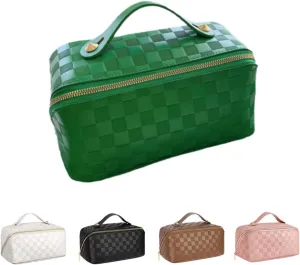 Portable Grid Travel Cosmetic Bag Makeup Bag with Handle PU Leather Makeup Pouch Large Capacity Toiletry Bag (Green)