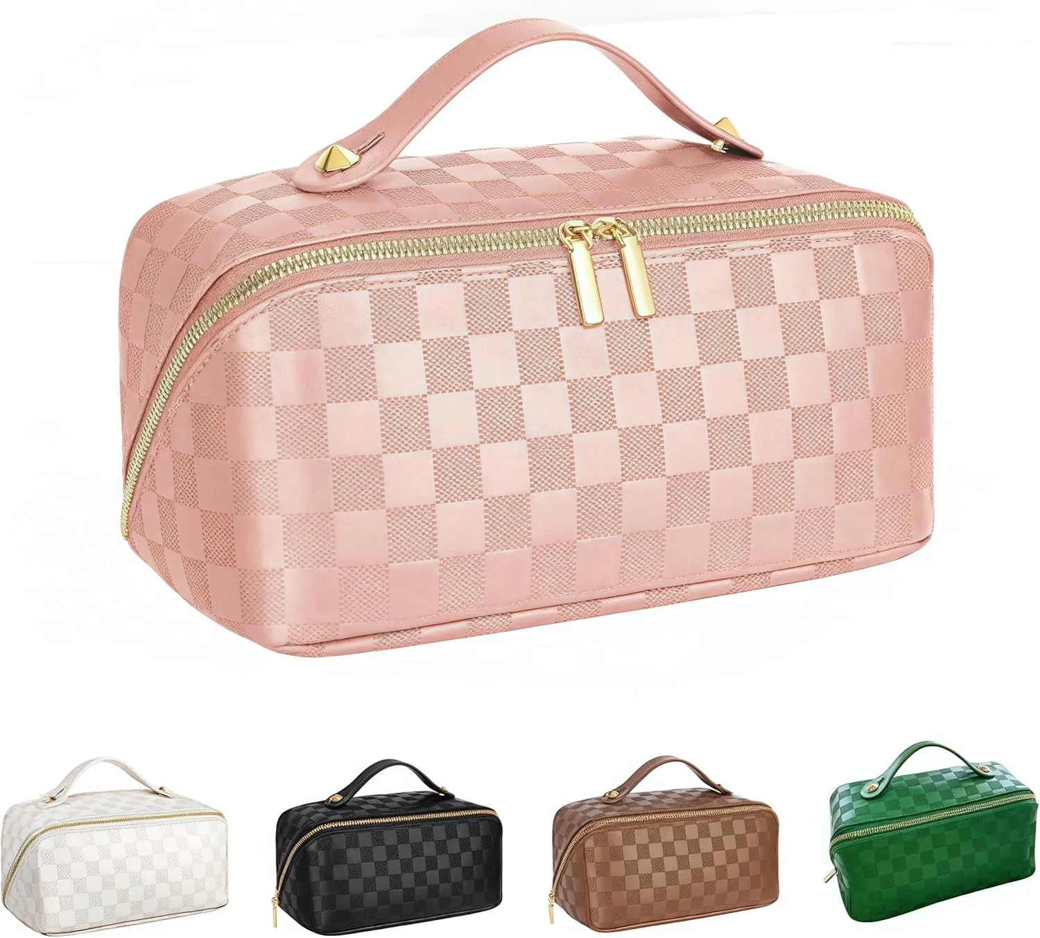 Portable Grid Travel Cosmetic Bag Makeup Bag with Handle PU Leather Makeup Pouch Large Capacity Toiletry Bag (Pink)
