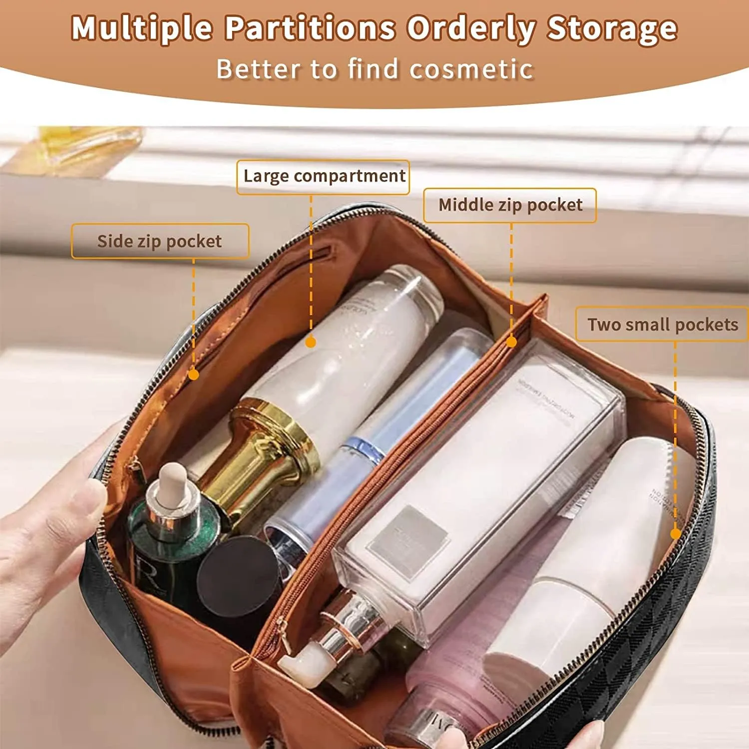 Portable Grid Travel Cosmetic Bag Makeup Bag with Handle PU Leather Makeup Pouch Large Capacity Toiletry Bag (Pink)
