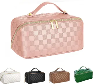 Portable Grid Travel Cosmetic Bag Makeup Bag with Handle PU Leather Makeup Pouch Large Capacity Toiletry Bag (Pink)