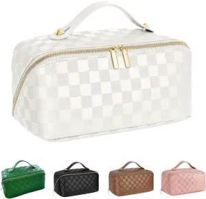 Portable Grid Travel Cosmetic Bag Makeup Bag with Handle PU Leather Makeup Pouch Large Capacity Toiletry Bag (White)