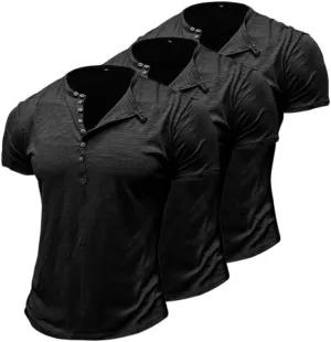 prigridche 3 Pack Oversized Summer Henley T-Shirts Cotton Tee Loose Fit Short Sleeve Casual Solid Colors Shirts for Men