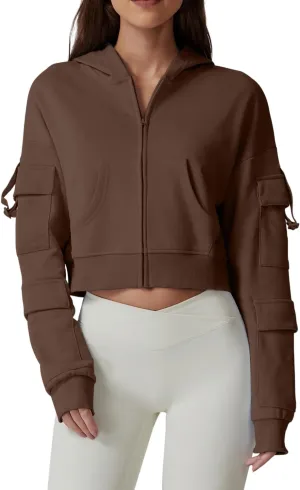 QINSEN Hoodies for Women Full Zip Up Cropped Jacket Long Sleeves with Cargo Pockets Sweatshirts Tops