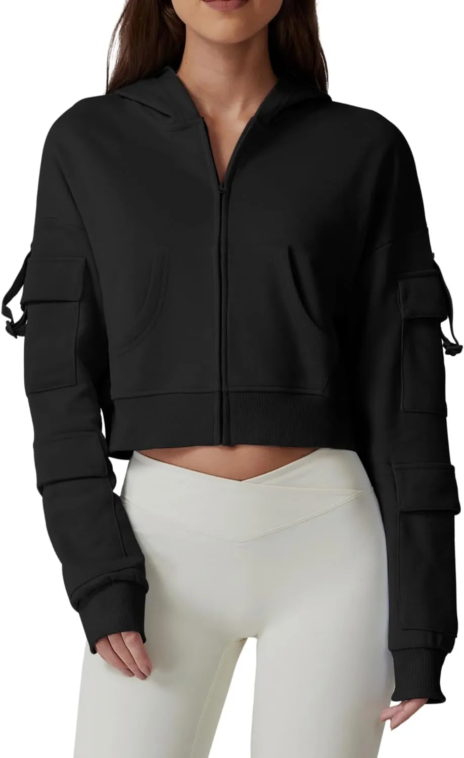 QINSEN Hoodies for Women Full Zip Up Cropped Jacket Long Sleeves with Cargo Pockets Sweatshirts Tops