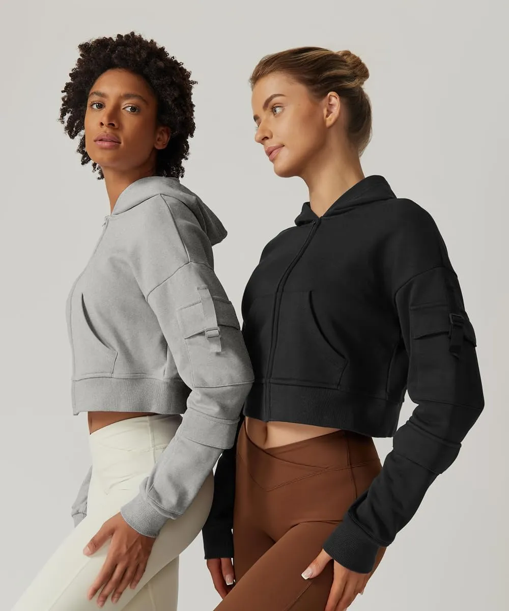 QINSEN Hoodies for Women Full Zip Up Cropped Jacket Long Sleeves with Cargo Pockets Sweatshirts Tops