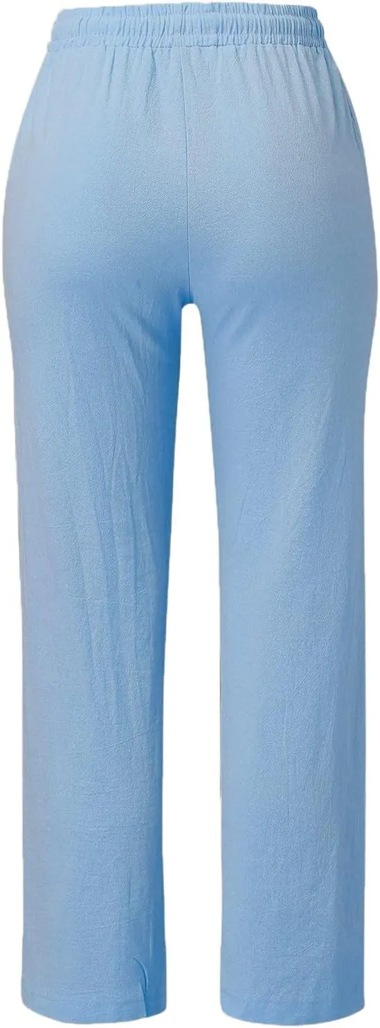 QWENTMTNTY Casual Summer Linen Pants for Women Loose Fit Elastic Waist Drawstring Trousers Comfy Beach Lounge Pants Pockets