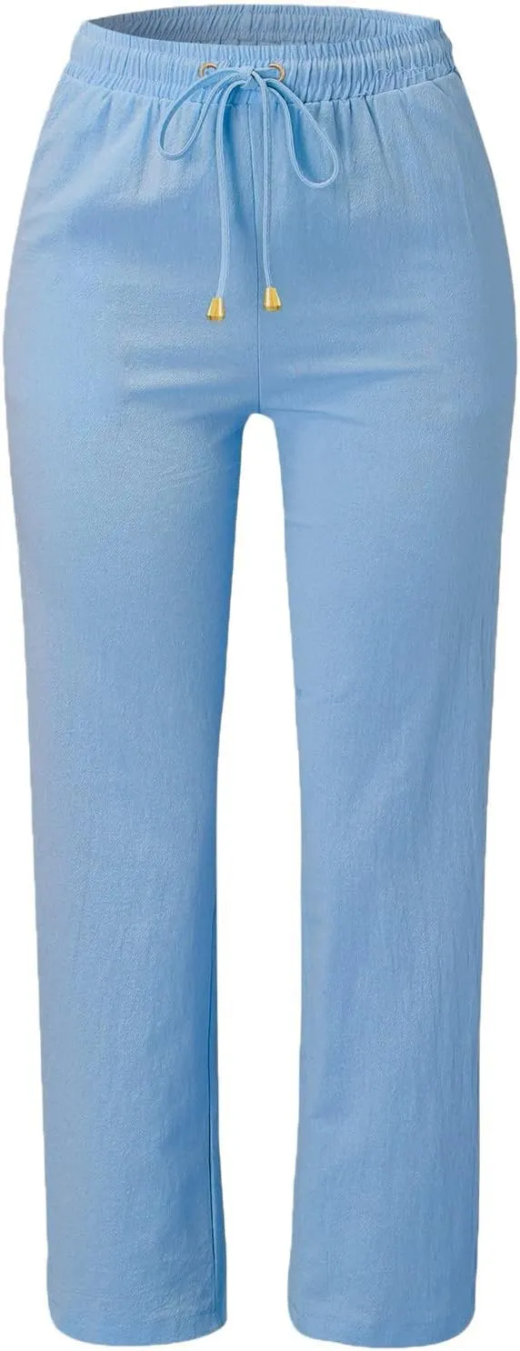 QWENTMTNTY Casual Summer Linen Pants for Women Loose Fit Elastic Waist Drawstring Trousers Comfy Beach Lounge Pants Pockets