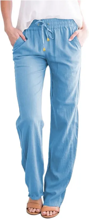 QWENTMTNTY Casual Summer Linen Pants for Women Loose Fit Elastic Waist Drawstring Trousers Comfy Beach Lounge Pants Pockets