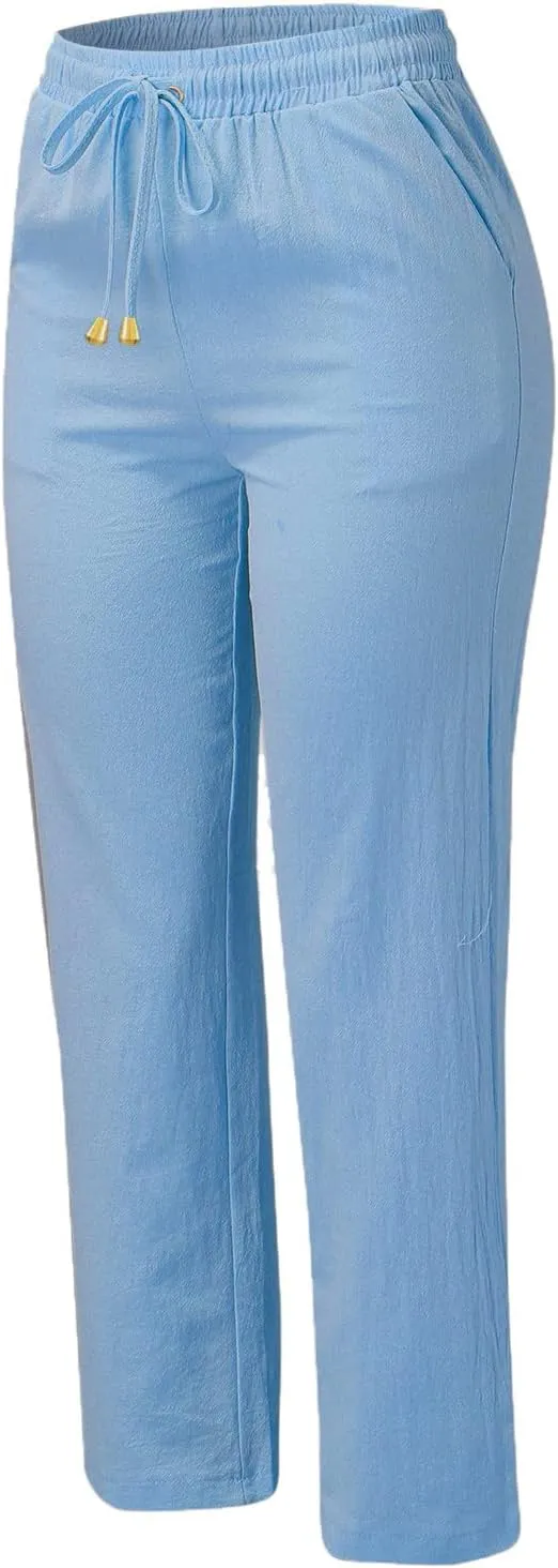 QWENTMTNTY Casual Summer Linen Pants for Women Loose Fit Elastic Waist Drawstring Trousers Comfy Beach Lounge Pants Pockets