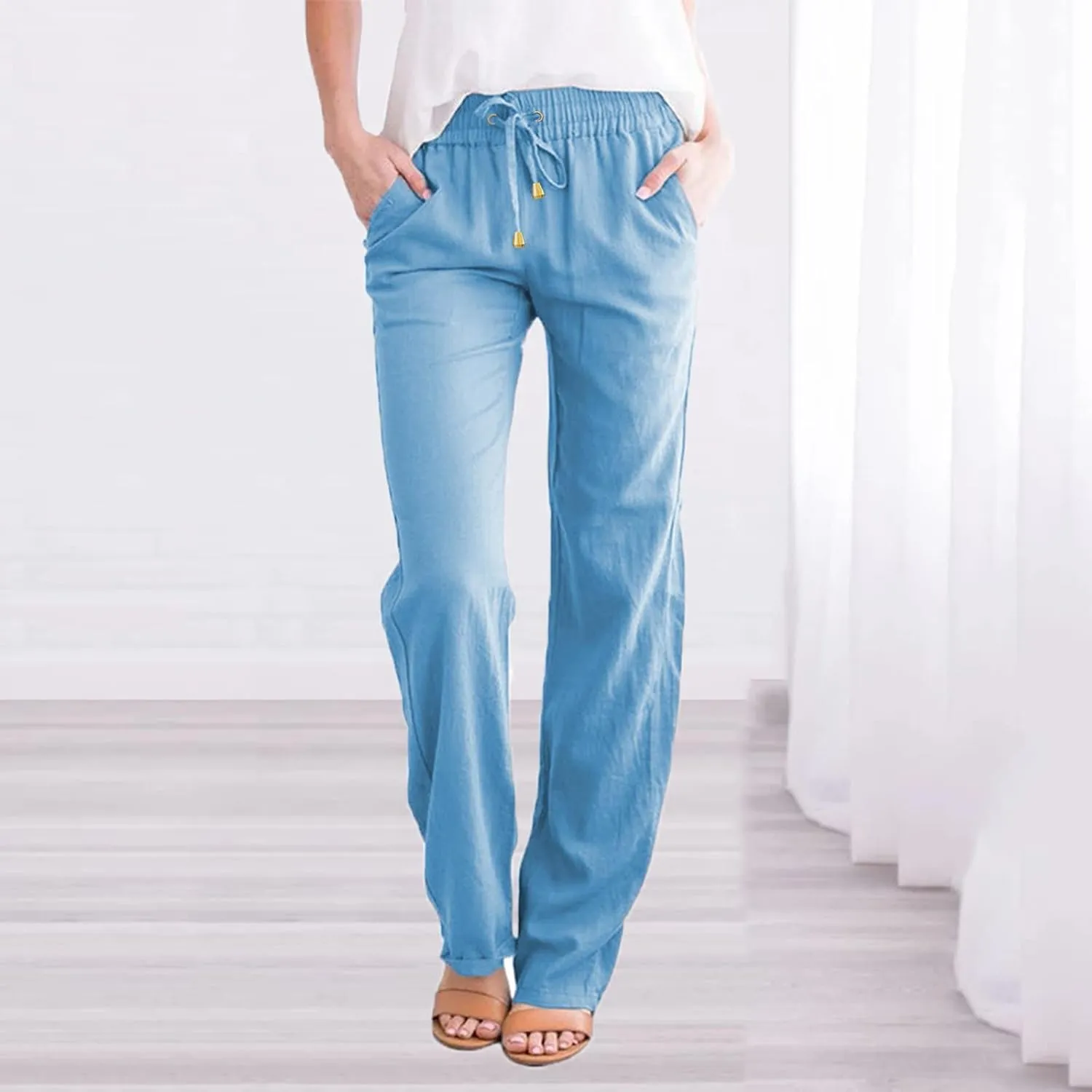 QWENTMTNTY Casual Summer Linen Pants for Women Loose Fit Elastic Waist Drawstring Trousers Comfy Beach Lounge Pants Pockets